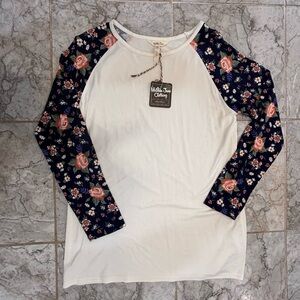 Matilda Jane White Top with Floral Sleeves